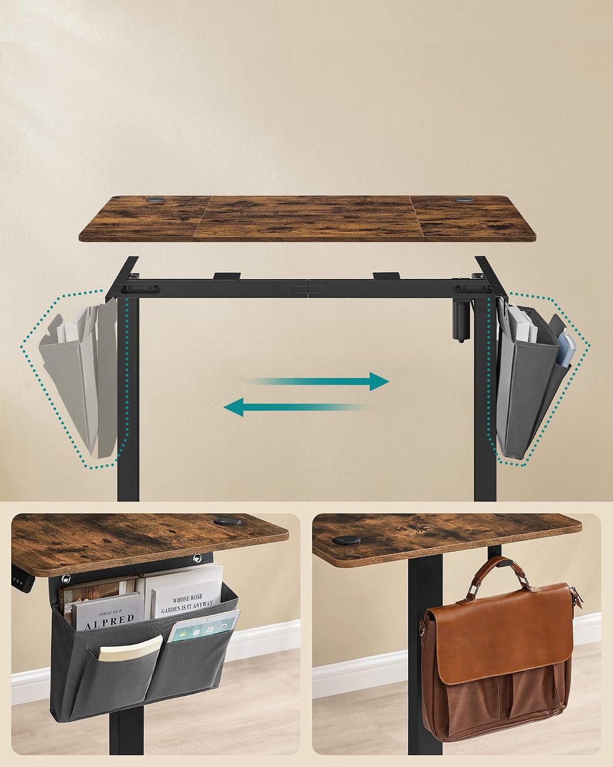 SONGMICS Birou electric reglabil pe inaltime, 120x60x(72-120) cm, memorie 4 pozitii, USB-C, cadru metalic, maro rustic - imagine 2