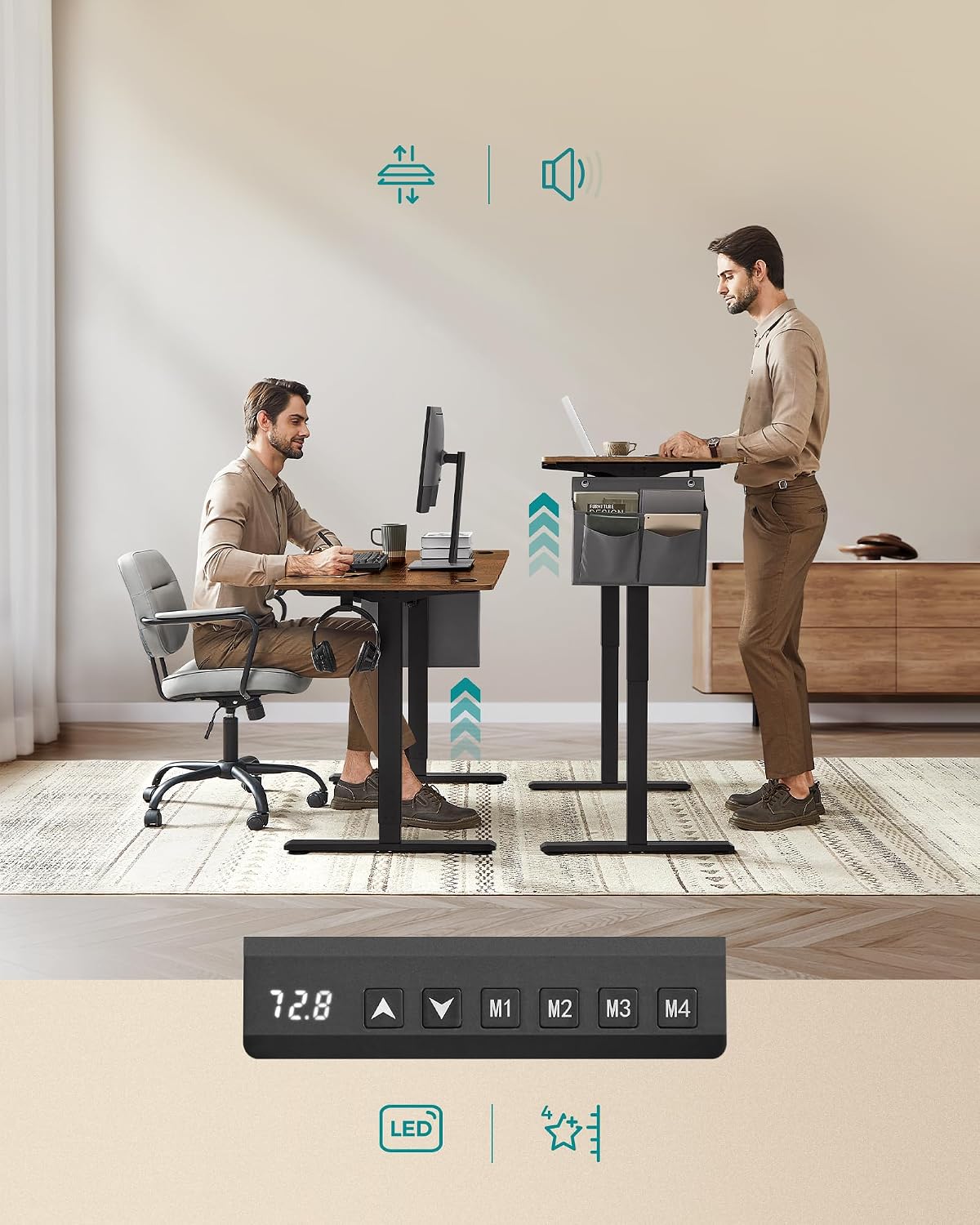 SONGMICS Birou electric reglabil pe inaltime, 120x60x(72-120) cm, memorie 4 pozitii, USB-C, cadru metalic, maro rustic - imagine 7