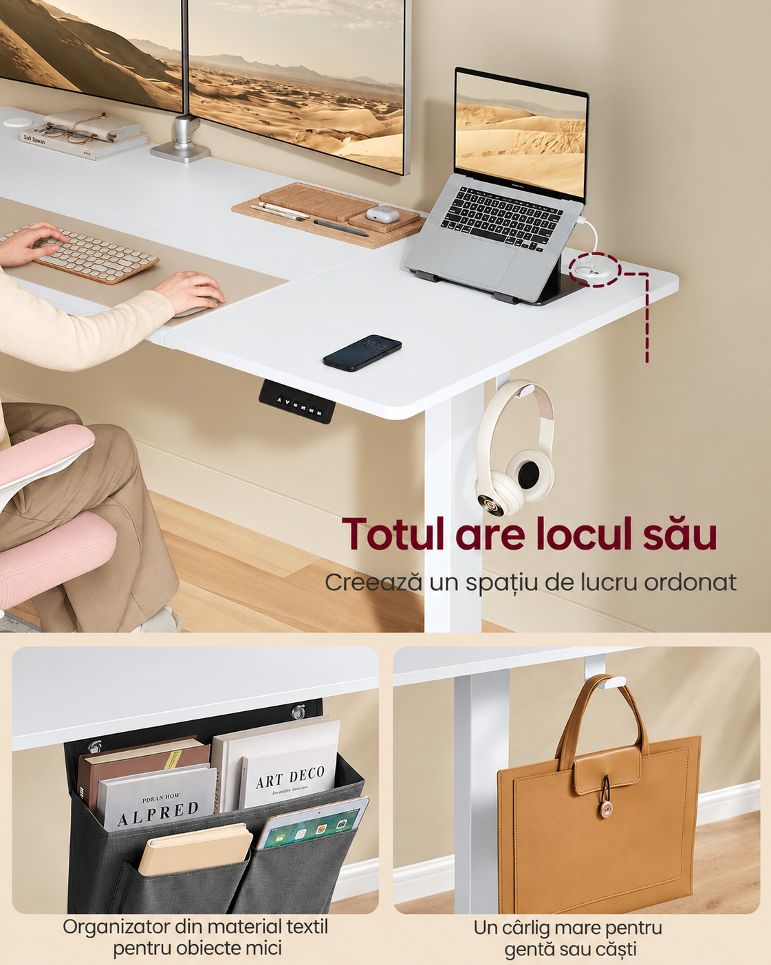 SONGMICS Birou electric reglabil pe inaltime 180x80x72-120 cm, USB-C 20W, 4 pozitii memorate, alb - imagine 3