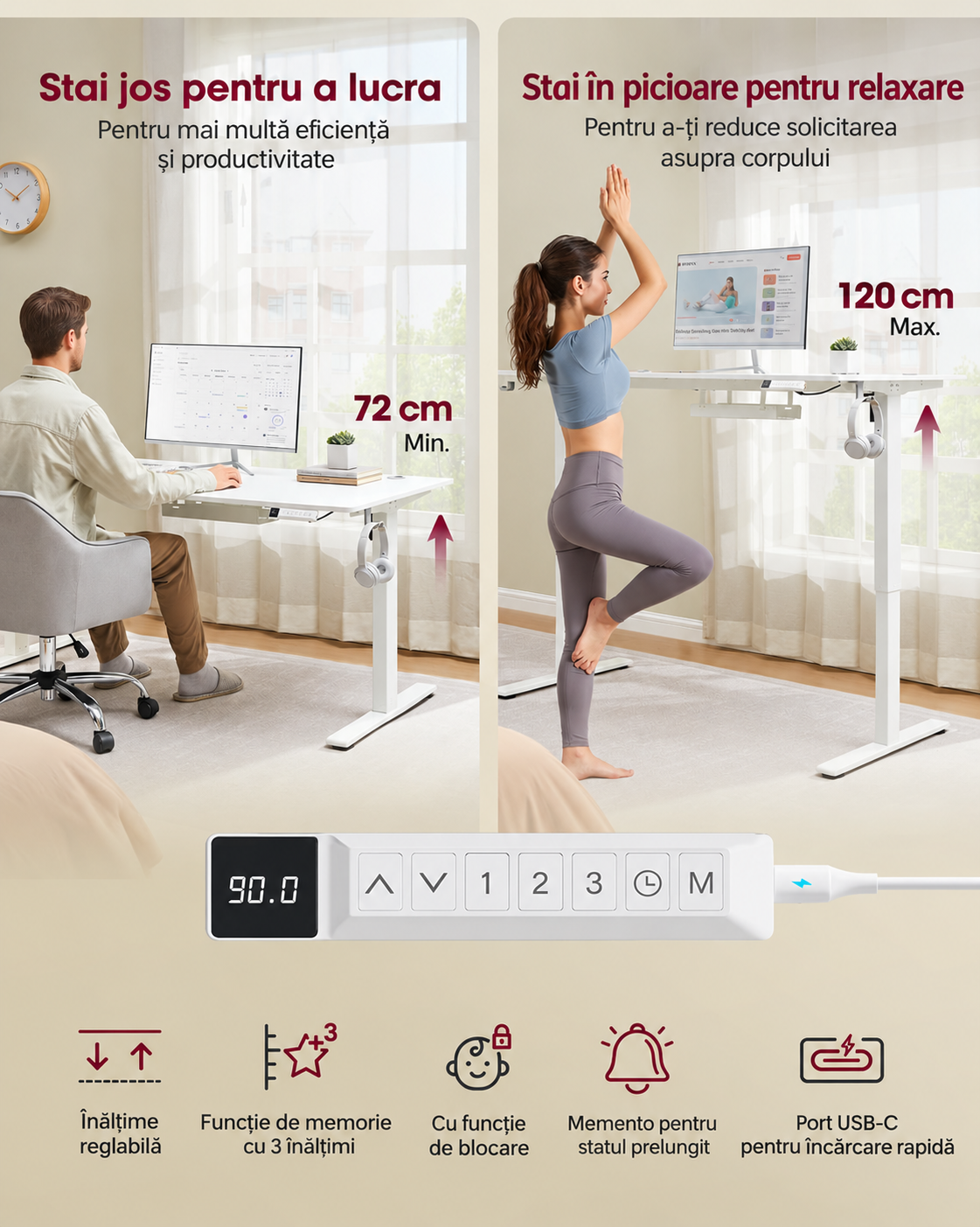 VASAGLE Birou electric sit-stand, reglabil 72-120 cm, blat extra mare 160x80 cm, USB-C 20W, alb - imagine 5