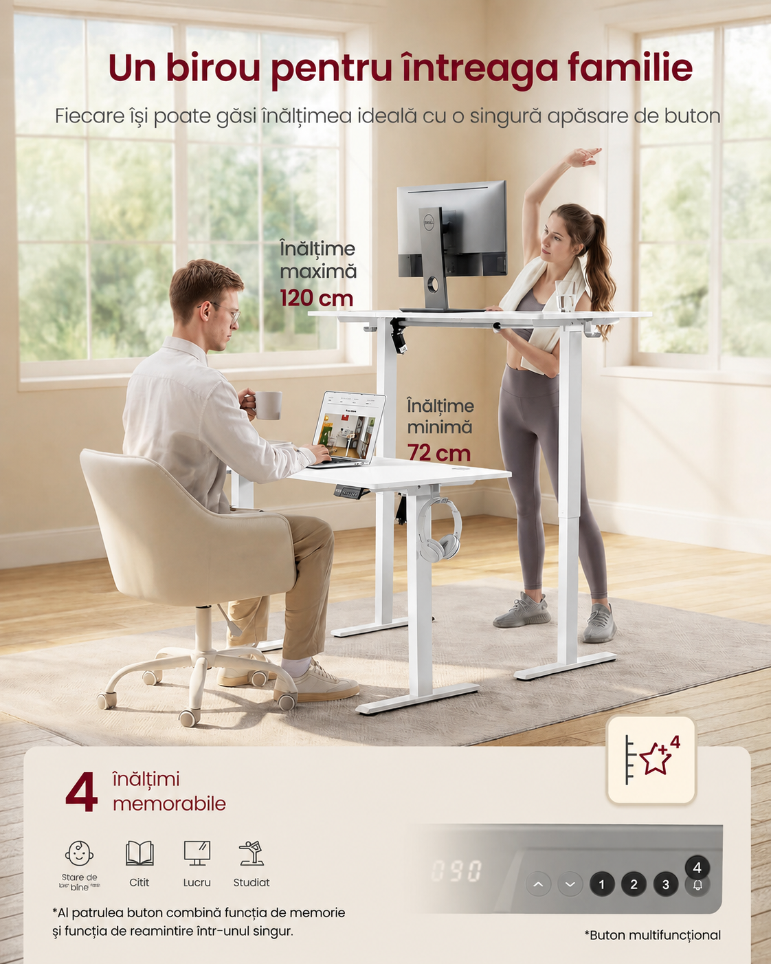 VASAGLE Birou electric reglabil pe inaltime, cadru metalic, functie memorie 4 pozitii, 100x60x(72-120) cm, alb - imagine 6