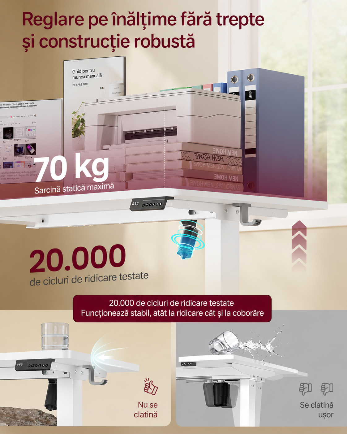 VASAGLE Birou electric reglabil pe inaltime, cadru metalic, functie memorie 4 pozitii, 100x60x(72-120) cm, alb - imagine 7