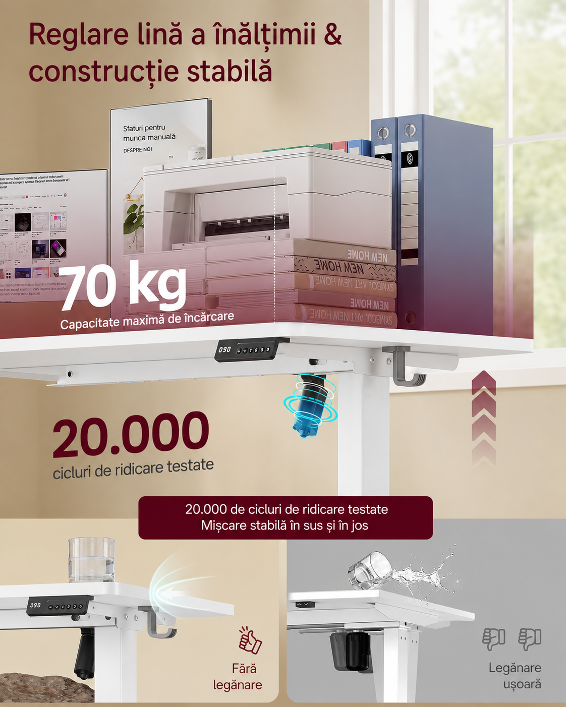 VASAGLE Birou electric reglabil pe inaltime, cadru metalic, functie memorie 4 pozitii, 120x60x(72-120) cm, alb - imagine 4