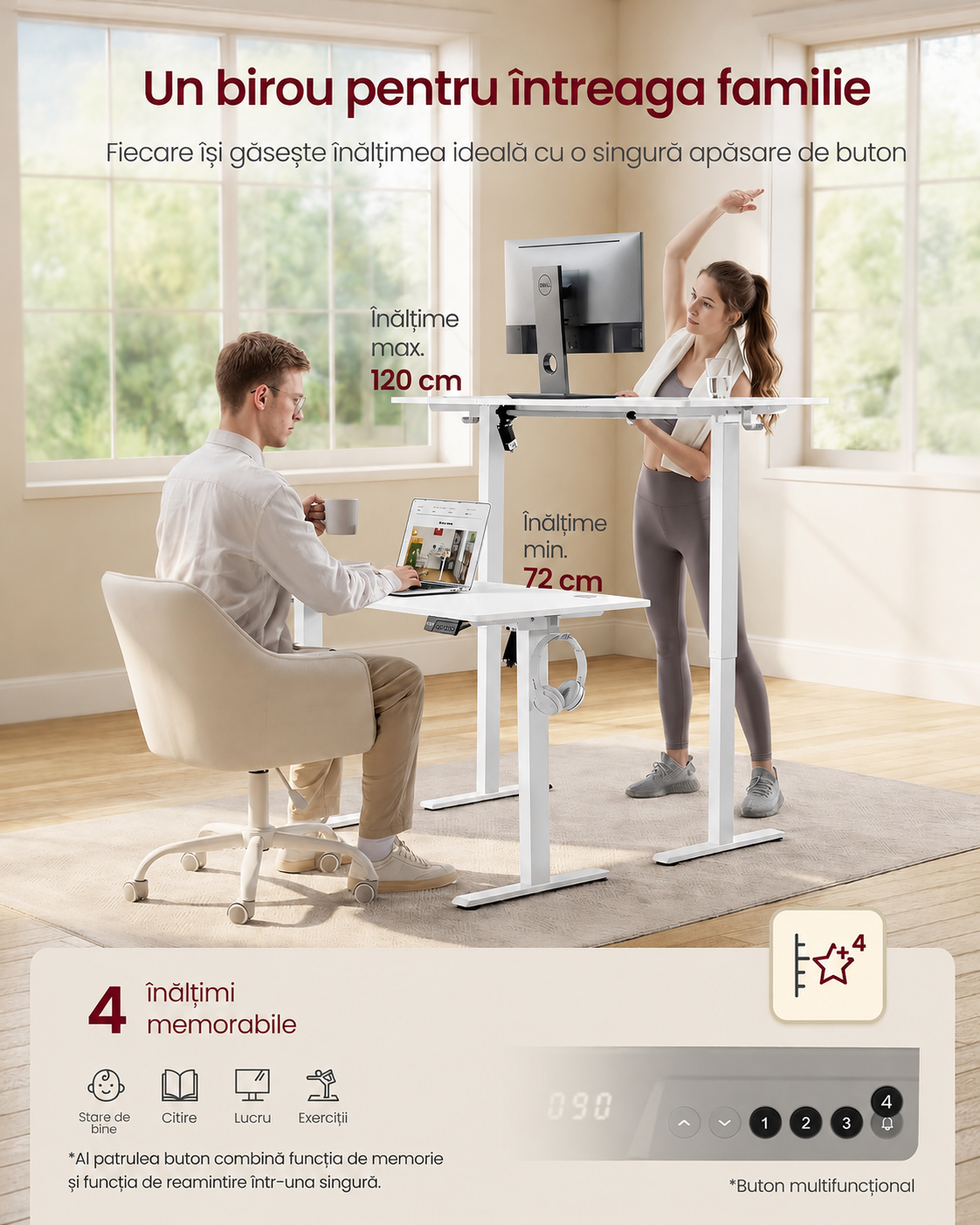VASAGLE Birou electric reglabil pe inaltime, cadru metalic, functie memorie 4 pozitii, 120x60x(72-120) cm, alb - imagine 6