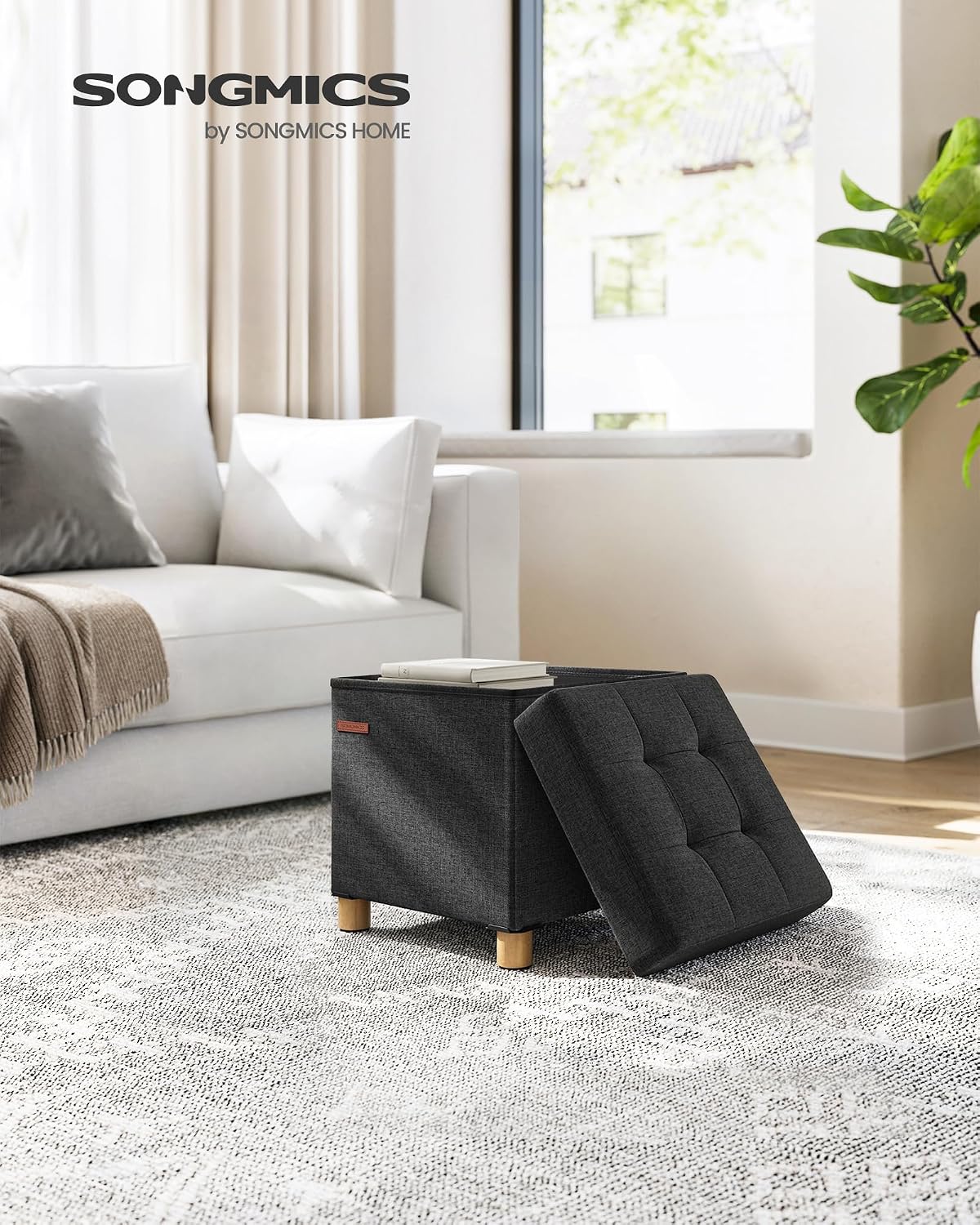 SONGMICS Taburet depozitare cu sezut confortabil, capacitate 300 kg, 37 L, 38x38x40 cm, negru - imagine 2