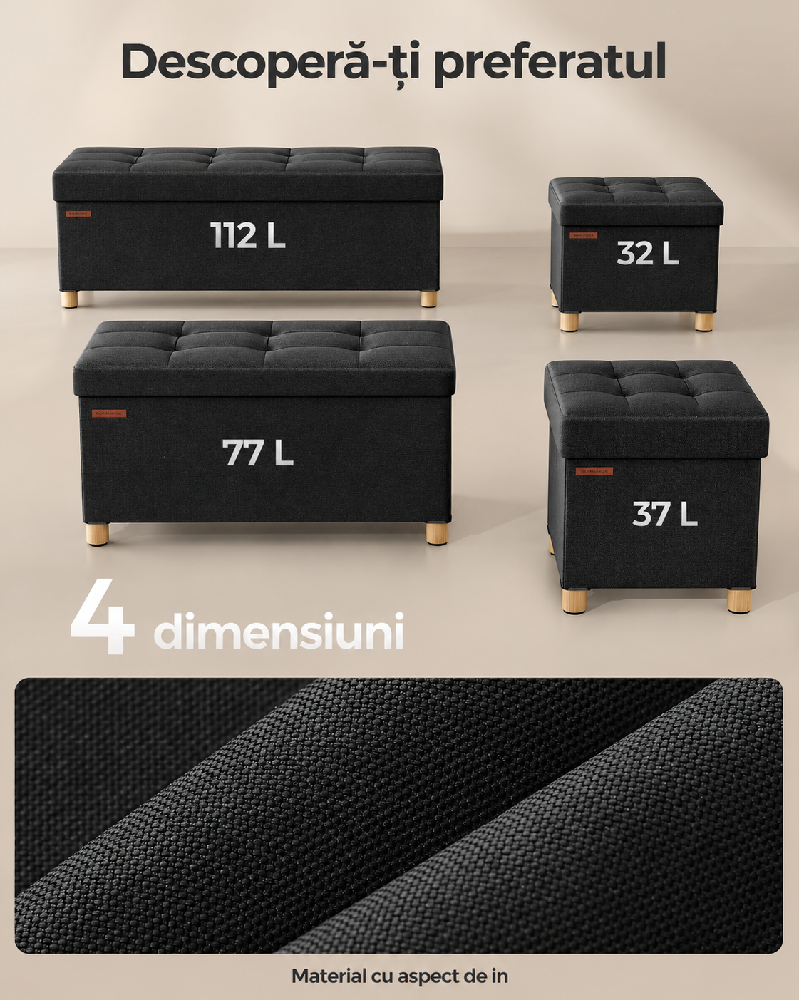 SONGMICS Taburet depozitare cu sezut confortabil, capacitate 300 kg, 37 L, 38x38x40 cm, negru - imagine 3