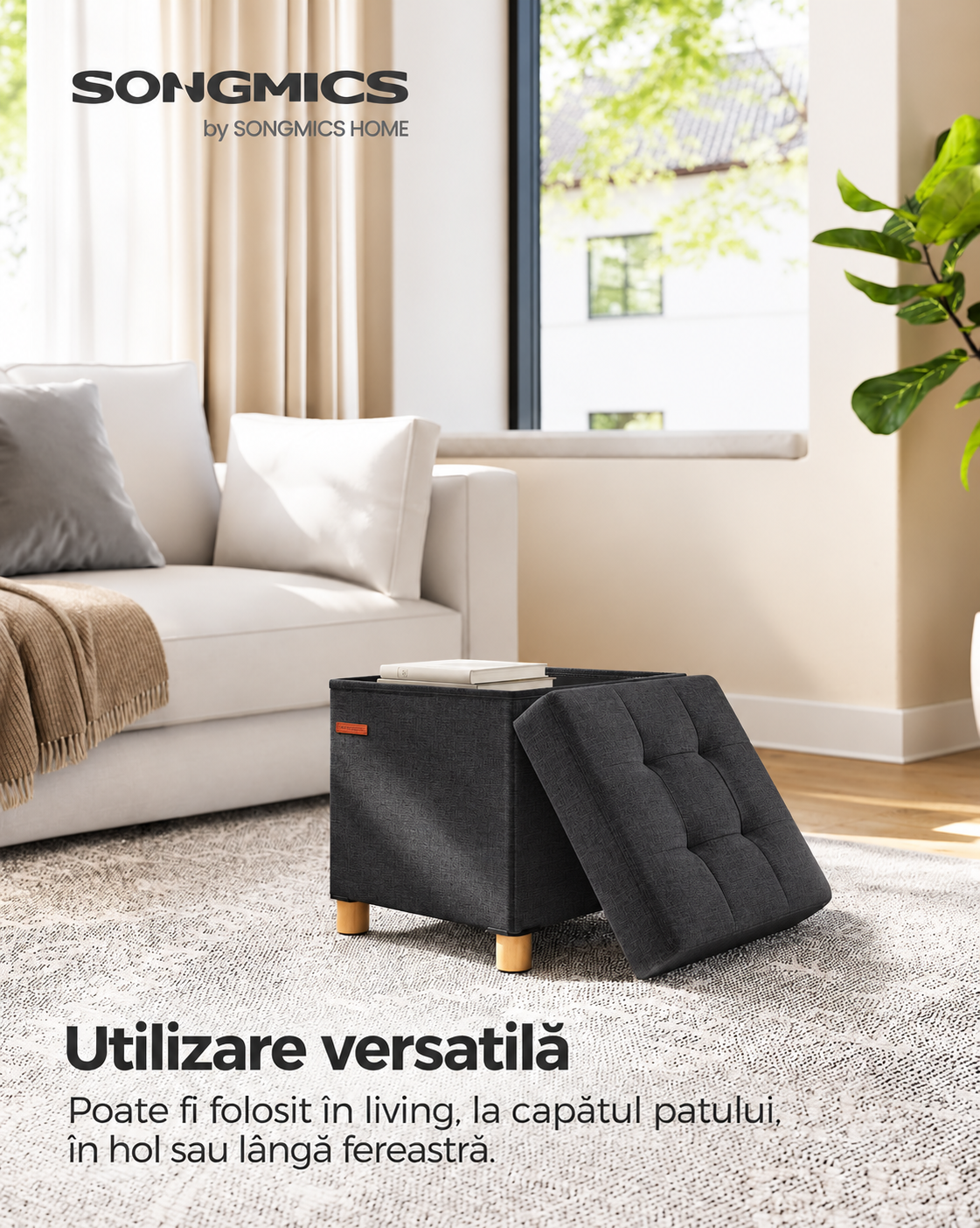 SONGMICS Taburet depozitare cu sezut confortabil, capacitate 300 kg, 37 L, 38x38x40 cm, negru - imagine 7