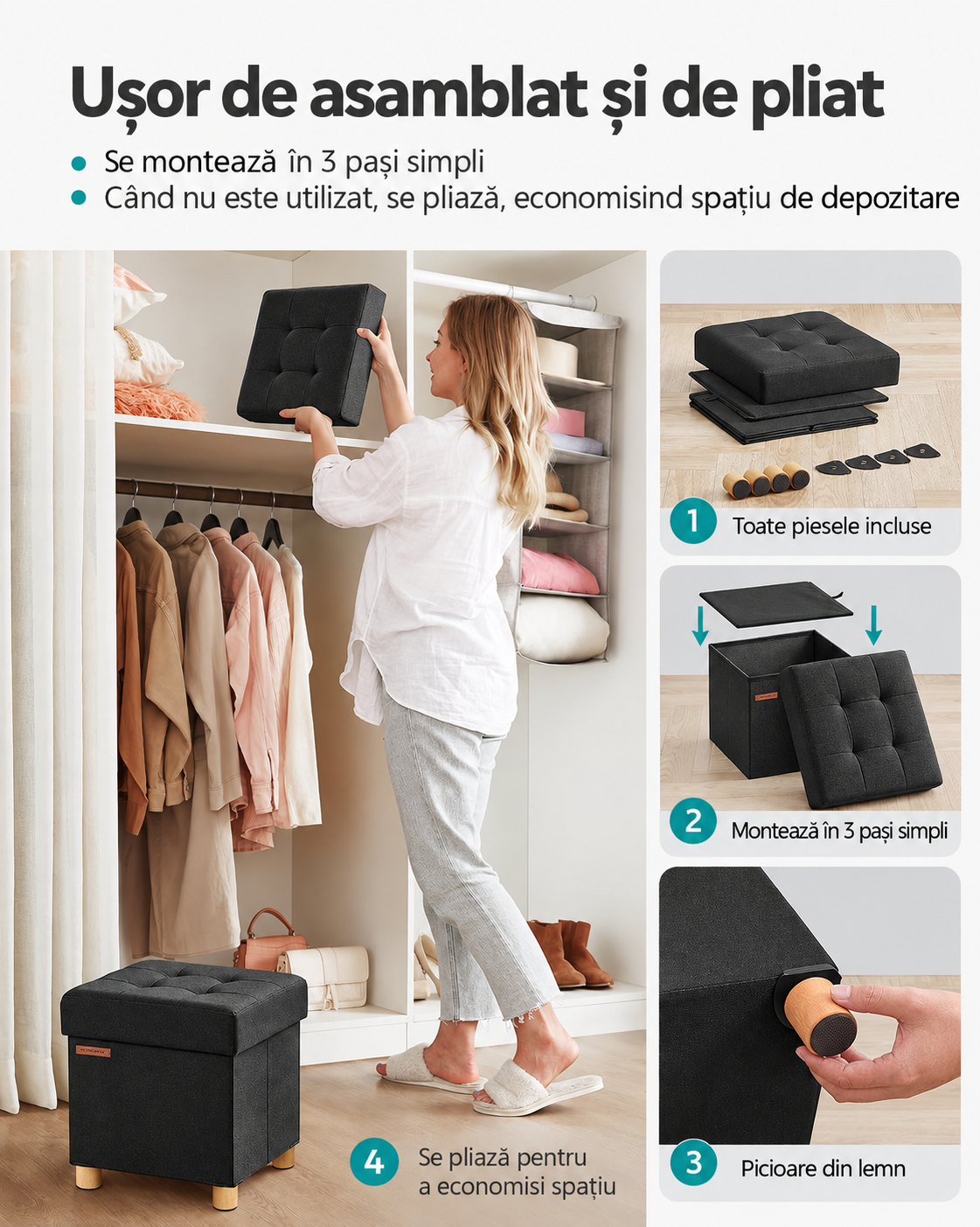 SONGMICS Taburet depozitare cu sezut confortabil, capacitate 300 kg, 37 L, 38x38x40 cm, negru - imagine 9
