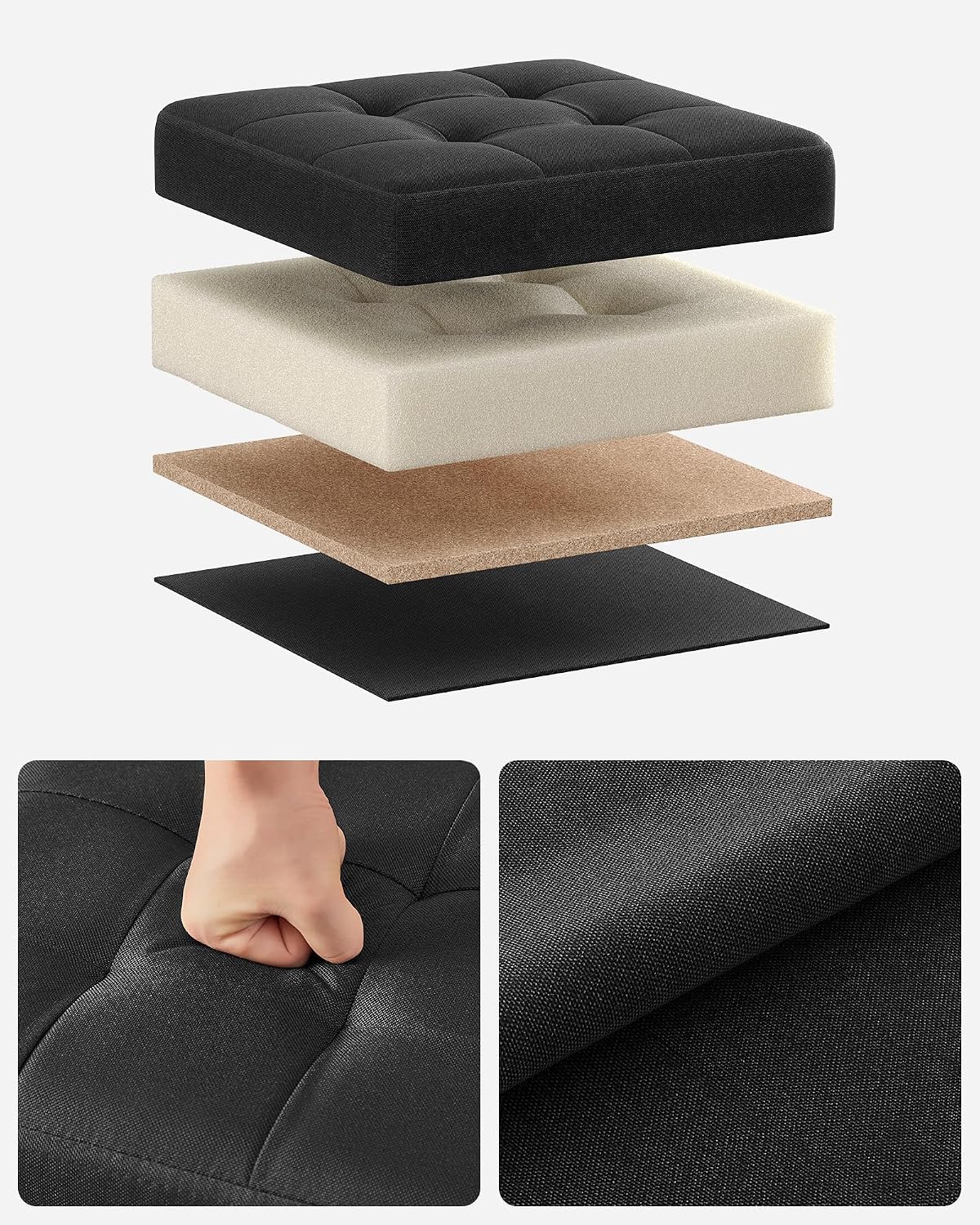 SONGMICS Taburet pliabil 30x30x30 cm, cu spatiu de depozitare, capac tapitat, MDF si imitatie in, negru - imagine 3