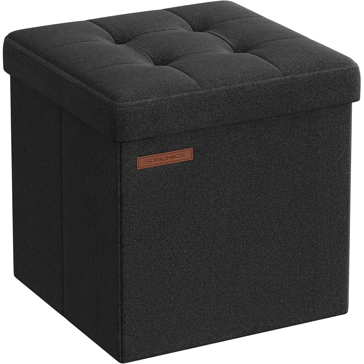 SONGMICS Taburet pliabil 30x30x30 cm, cu spatiu de depozitare, capac tapitat, MDF si imitatie in, negru