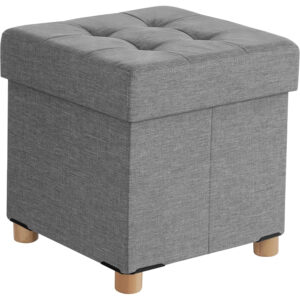 SONGMICS Taburet cu spatiu de depozitare 37 L, pliabil, sezut captusit, picioare din lemn, capacitate 300 kg, 38x38x40 cm, gri deschis