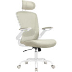 SONGMICS Scaun birou ergonomic cu tetiera, suport lombar reglabil si cotiere rabatabile, 64x64x130 cm, bej cappuccino