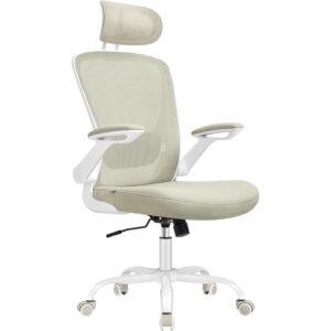 SONGMICS Scaun birou ergonomic cu tetiera, suport lombar reglabil si cotiere rabatabile, 64x64x130 cm, bej cappuccino