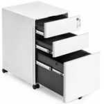 SONGMICS Dulap mobil de birou cu 3 sertare metalice pentru documente si dosare, incuietoare pentru blocarea sertarelor, roti cu frana pentru mobilitate si stabilitate, livrat preasamblat, 50x39x59 cm, alb
