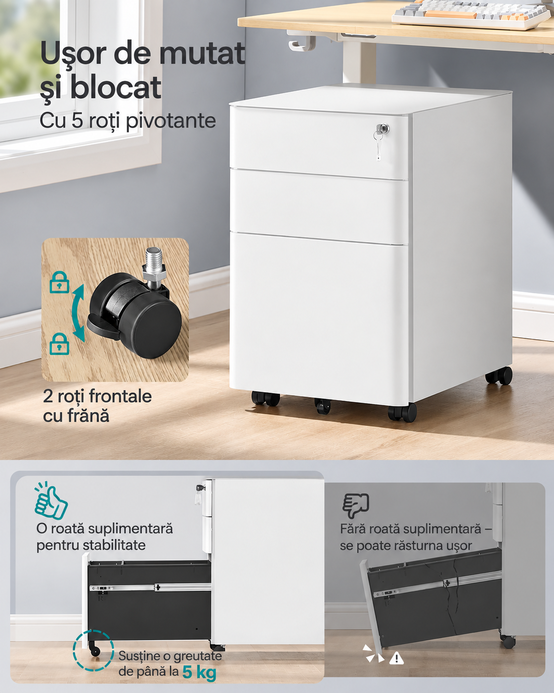 SONGMICS Dulap mobil de birou cu 3 sertare metalice pentru documente si dosare, incuietoare pentru blocarea sertarelor, roti cu frana pentru mobilitate si stabilitate, livrat preasamblat, 50x39x59 cm, alb - imagine 5