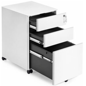 SONGMICS Dulap mobil de birou cu 3 sertare metalice pentru documente si dosare, incuietoare pentru blocarea sertarelor, roti cu frana pentru mobilitate si stabilitate, livrat preasamblat, 50x39x59 cm, alb