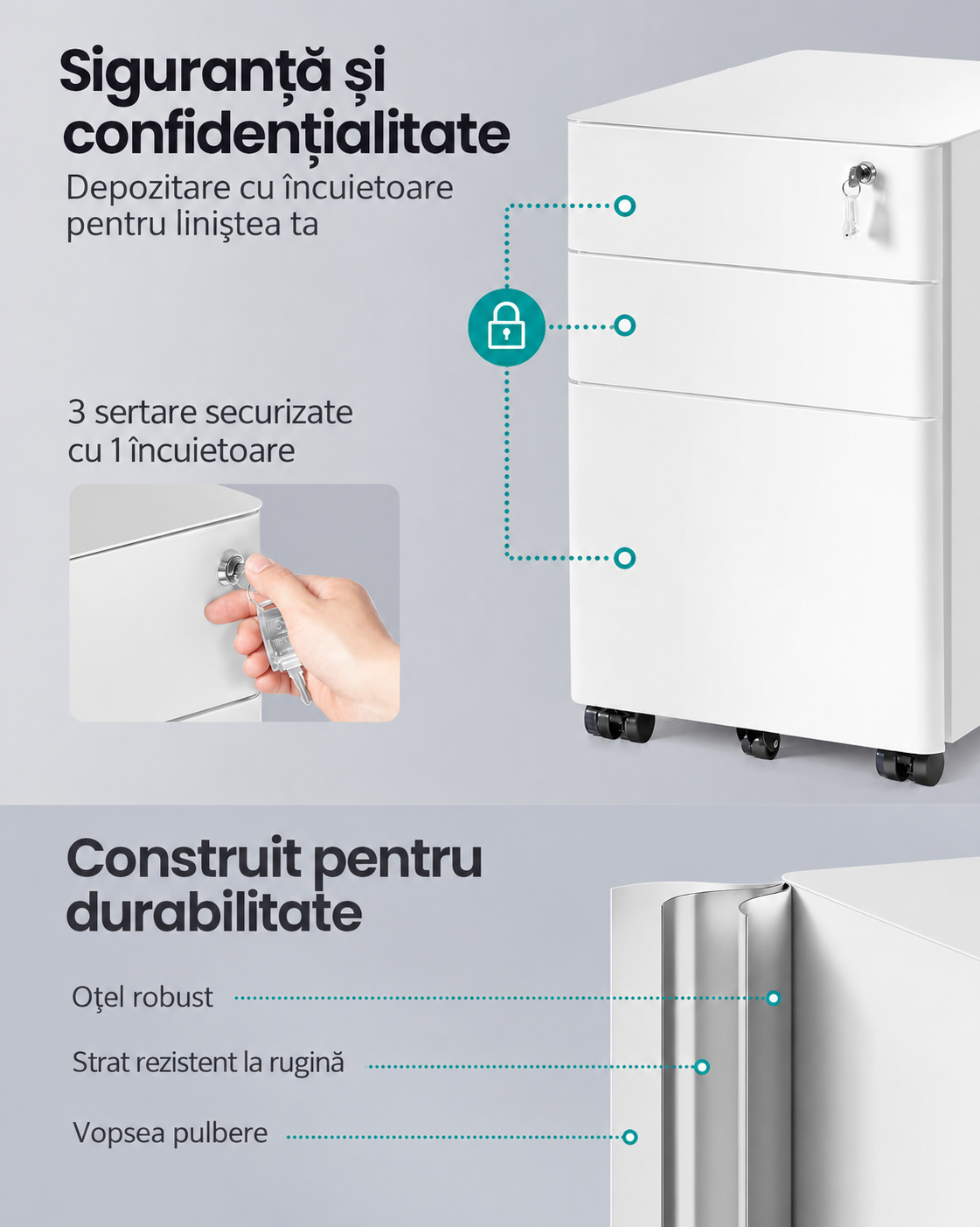 SONGMICS Dulap mobil de birou cu 3 sertare metalice pentru documente si dosare, incuietoare pentru blocarea sertarelor, roti cu frana pentru mobilitate si stabilitate, livrat preasamblat, 50x39x59 cm, alb - imagine 6