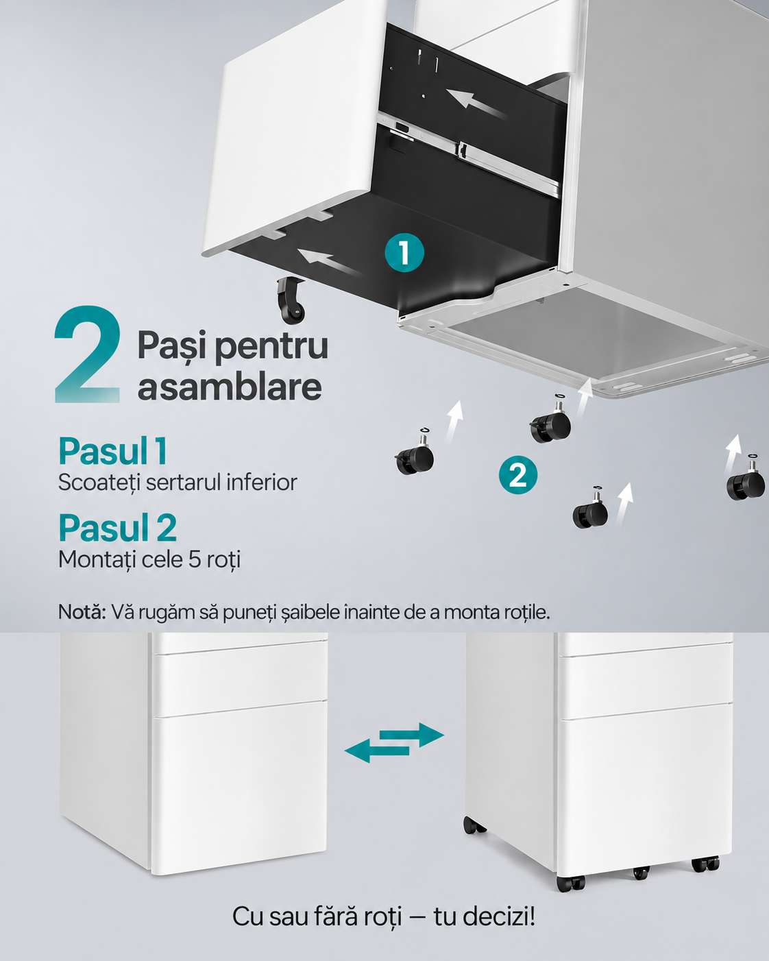 SONGMICS Dulap mobil de birou cu 3 sertare metalice pentru documente si dosare, incuietoare pentru blocarea sertarelor, roti cu frana pentru mobilitate si stabilitate, livrat preasamblat, 50x39x59 cm, alb - imagine 7