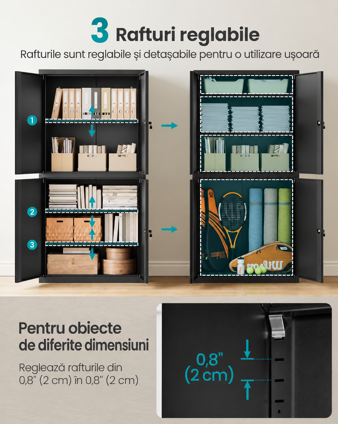 SONGMICS Dulap metalic de depozitare cu 4 usi si 2 compartimente separate, rafturi reglabile pentru organizarea uneltelor, 2 incuietori cu 4 chei incluse, structura rezistenta din otel, ideal pentru garaj, birou sau spalatorie, 80x40x180 cm, negru mat - imagine 6