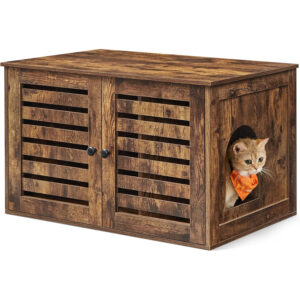 FEANDREA Masca pentru litiera pisicii cu 2 usi decorative tip oblon si intrare laterala, separator interior detasabil, design multifunctional ca dulap pentru litiera, masuta laterala sau noptiera, 80x53x49 cm, maro rustic