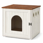 SONGMICS Cusca pentru pisici tip mobilier, mascare litiera, cu usi model hambar, MDF, 55x50x50 cm, alb rustic