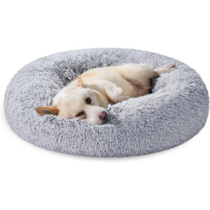 FEANDREA Culcus pufos pentru caini si pisici tip donut, umplutura spuma Memory pentru confort, margini inaltate, perna centrala detasabila, pentru animale de pana la 20 kg, Ø80x20 cm, gri