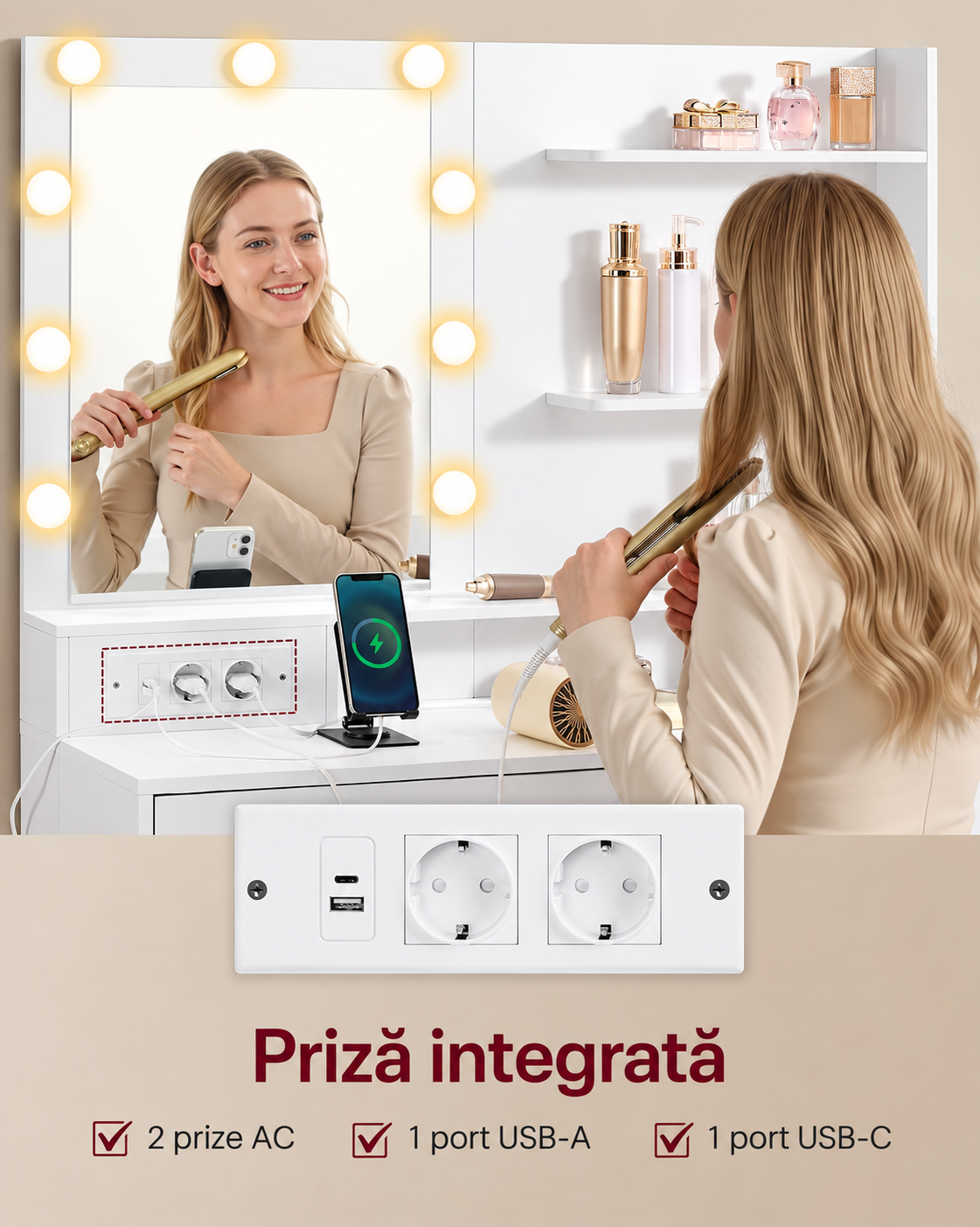 VASAGLE Masa de toaleta Kailyn modulara cu oglinda, 9 becuri LED iluminare reglabila, 8 sertare, priza si USB, montaj drept sau in L, alb - imagine 4