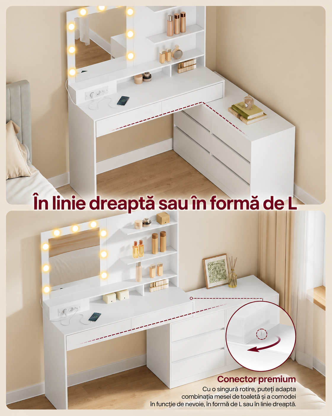 VASAGLE Masa de toaleta Kailyn modulara cu oglinda, 9 becuri LED iluminare reglabila, 8 sertare, priza si USB, montaj drept sau in L, alb - imagine 7