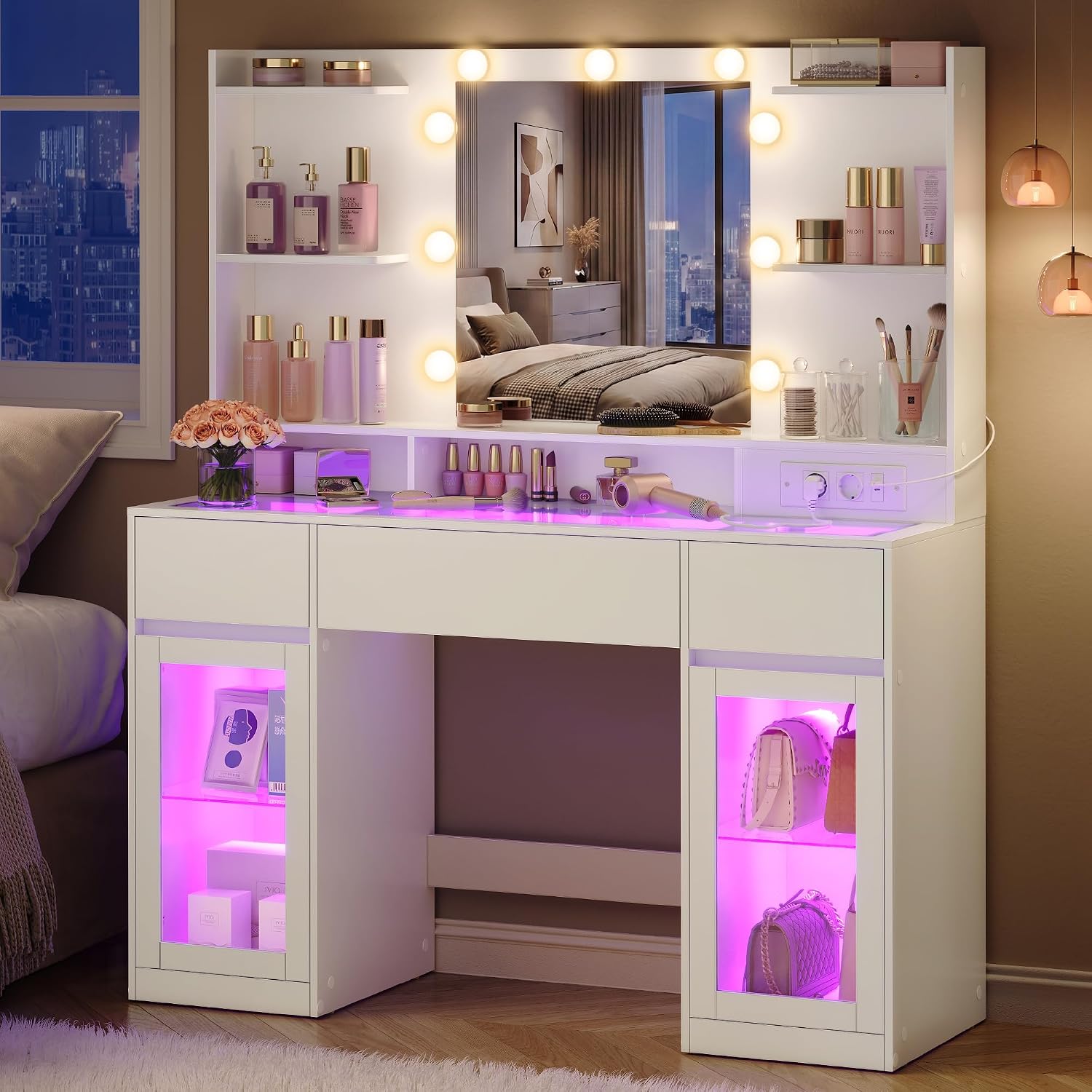 VASAGLE Masa de toaleta Kailyn cu oglinda iluminata, iluminare RGB, blat din sticla, sertare, 2 dulapuri, priza si USB, 107x40x145 cm, alb mat