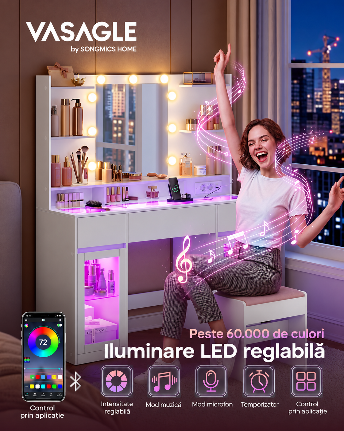 VASAGLE Masa de toaleta Kailyn cu oglinda iluminata, iluminare RGB, blat din sticla, sertare, 2 dulapuri, priza si USB, 107x40x145 cm, alb mat - imagine 5