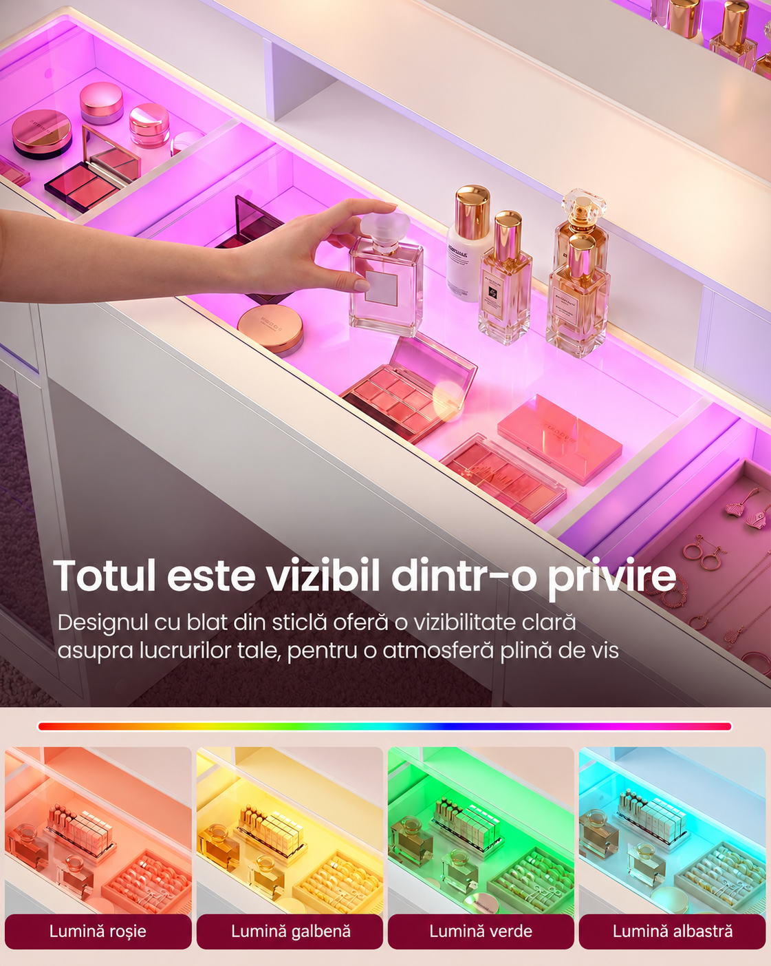 VASAGLE Masa de toaleta Kailyn cu oglinda iluminata, iluminare RGB, blat din sticla, sertare, 2 dulapuri, priza si USB, 107x40x145 cm, alb mat - imagine 7