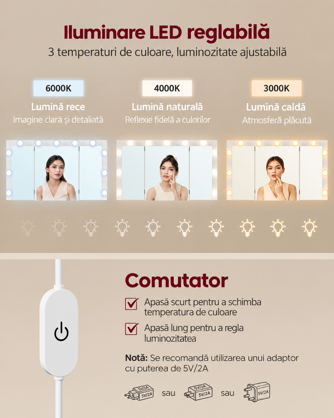 VASAGLE Masa de toaleta Kailyn cu oglinda tripla, 11 becuri LED, 9 sertare, prize si USB, taburet inclus, 107x40x144 cm, alb - imagine 3