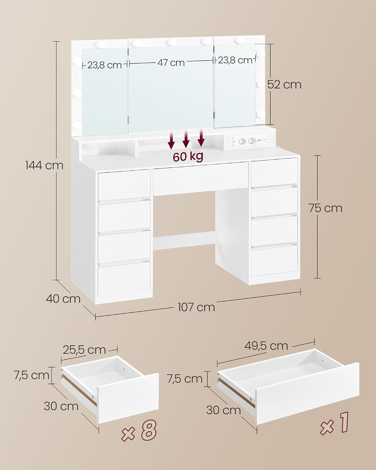 VASAGLE Masa de toaleta Kailyn cu oglinda tripla, 11 becuri LED, 9 sertare, prize si USB, taburet inclus, 107x40x144 cm, alb - imagine 4