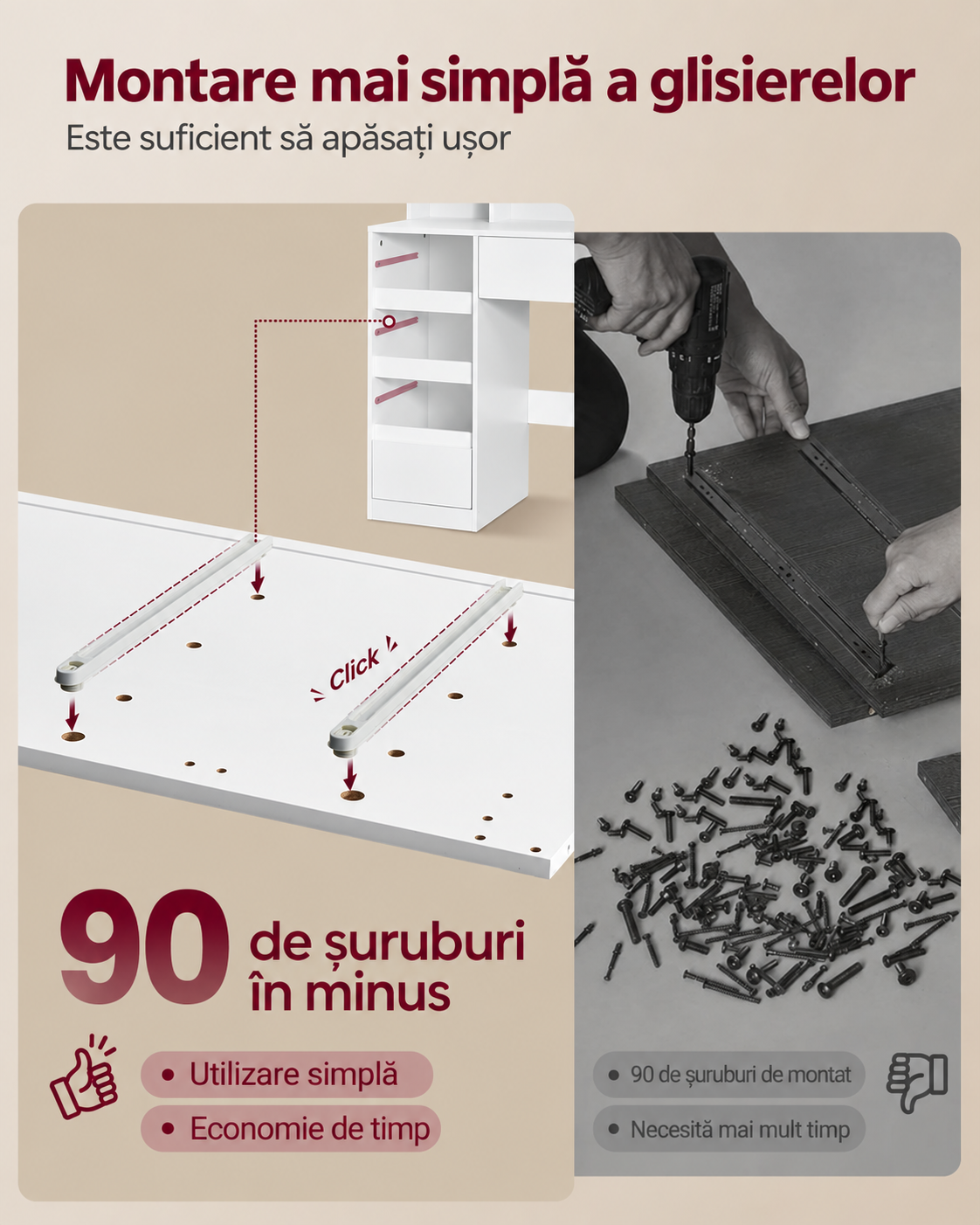 VASAGLE Masa de toaleta Kailyn cu oglinda tripla, 11 becuri LED, 9 sertare, prize si USB, taburet inclus, 107x40x144 cm, alb - imagine 7