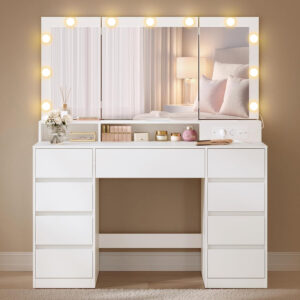 VASAGLE Masa de toaleta Kailyn cu oglinda tripla, 11 becuri LED, 9 sertare, prize si USB,107x40x144 cm, alb