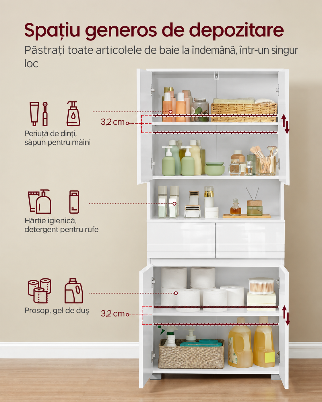VASAGLE Dulap inalt de baie cu 2 dulapuri inchise, 2 sertare si compartiment deschis pentru organizarea prosoapelor si cosmeticelor, rafturi reglabile si reversibile, structura din MDF, 60x30x170 cm, alb - imagine 2