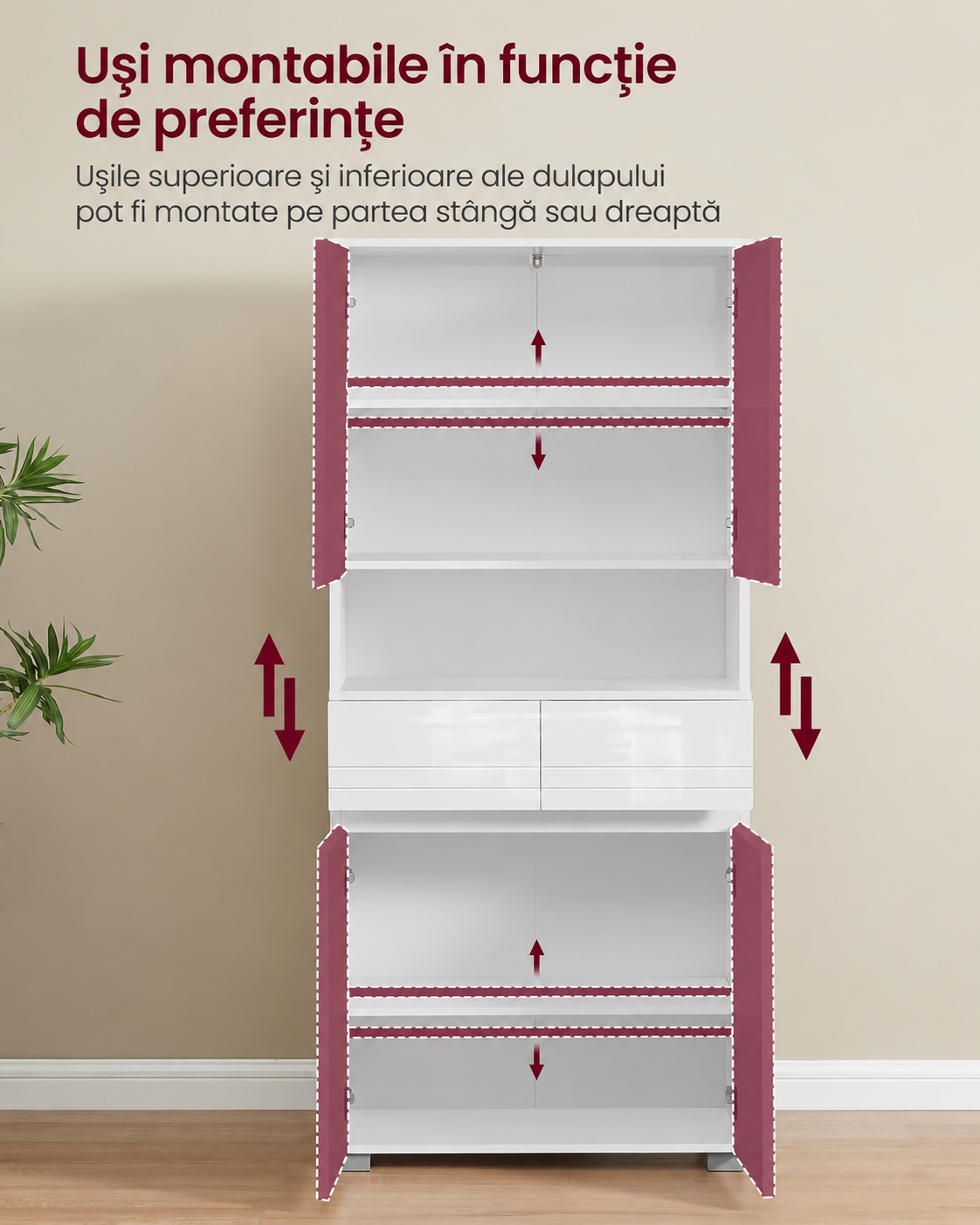 VASAGLE Dulap inalt de baie cu 2 dulapuri inchise, 2 sertare si compartiment deschis pentru organizarea prosoapelor si cosmeticelor, rafturi reglabile si reversibile, structura din MDF, 60x30x170 cm, alb - imagine 4