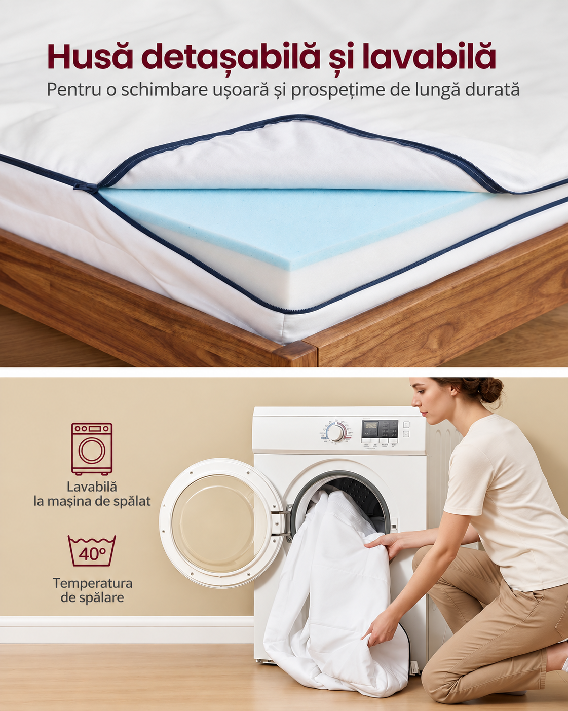 VASAGLE Saltea 140x200 cm cu 2 fete de dormit, spuma Memory Gel pentru adaptare la corp si spuma ferma de sustinere, 7 zone ergonomice, husa lavabila cu fermoar, H3, alb - imagine 5