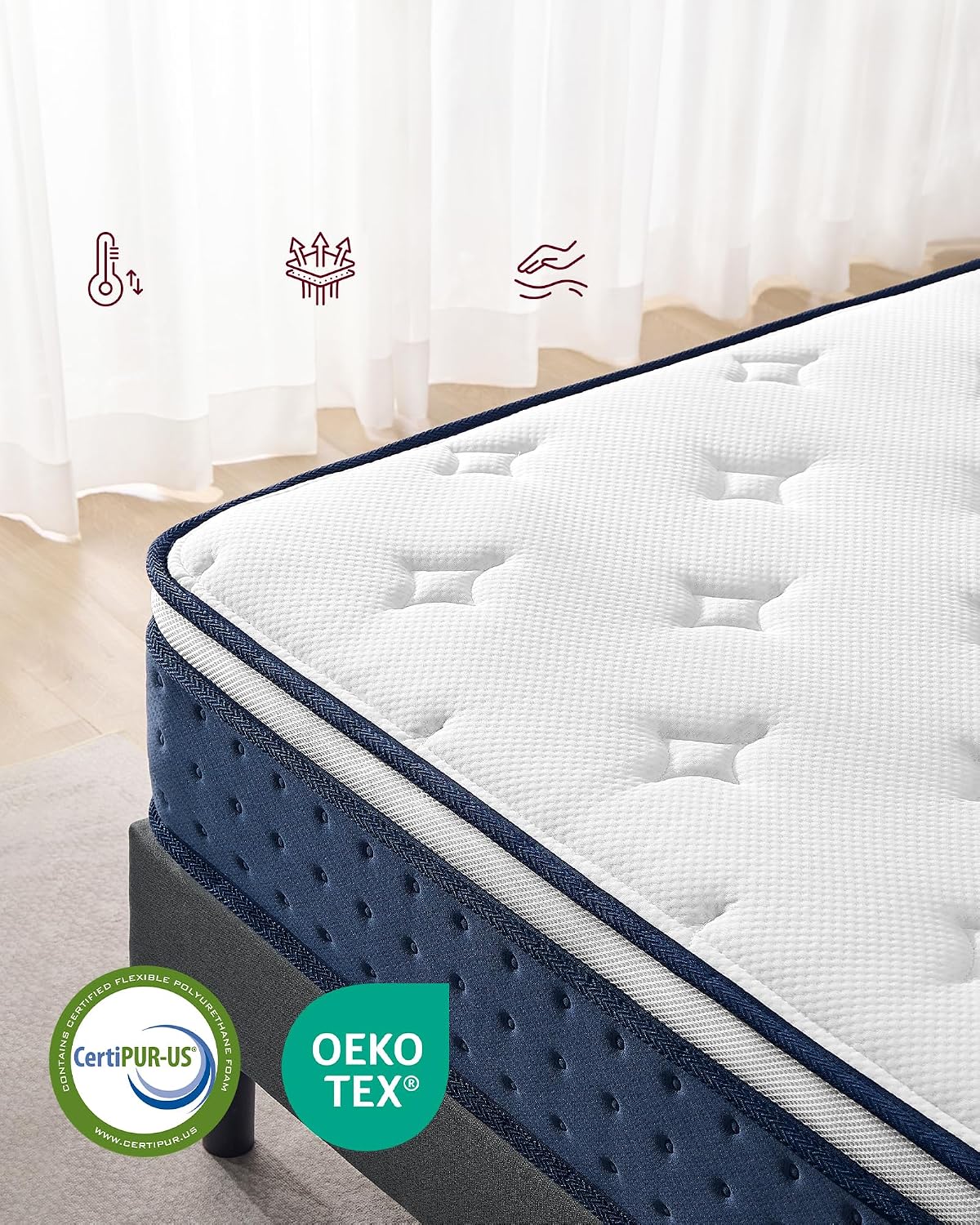 VASAGLE Saltea 90x200 cm cu arcuri individuale pentru reducerea transferului de miscare, spuma cu memorie si gel, 7 zone ergonomice si margini ranforsate, alb - imagine 6