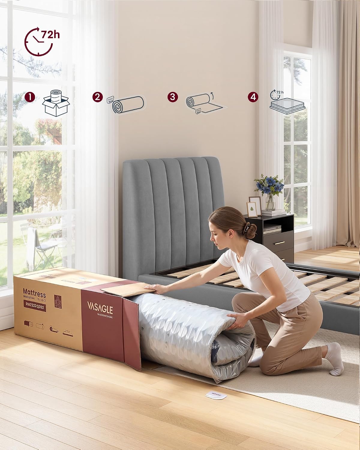 VASAGLE Saltea 90x200 cm cu arcuri individuale pentru reducerea transferului de miscare, spuma cu memorie si gel, 7 zone ergonomice si margini ranforsate, alb - imagine 5