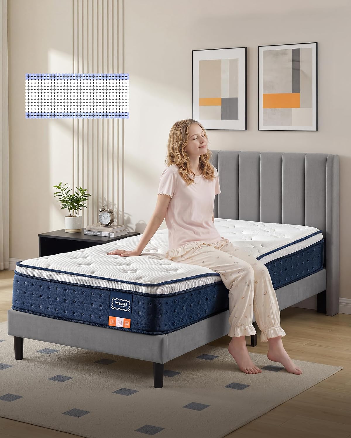 VASAGLE Saltea 90x200 cm cu arcuri individuale pentru reducerea transferului de miscare, spuma cu memorie si gel, 7 zone ergonomice si margini ranforsate, alb - imagine 4