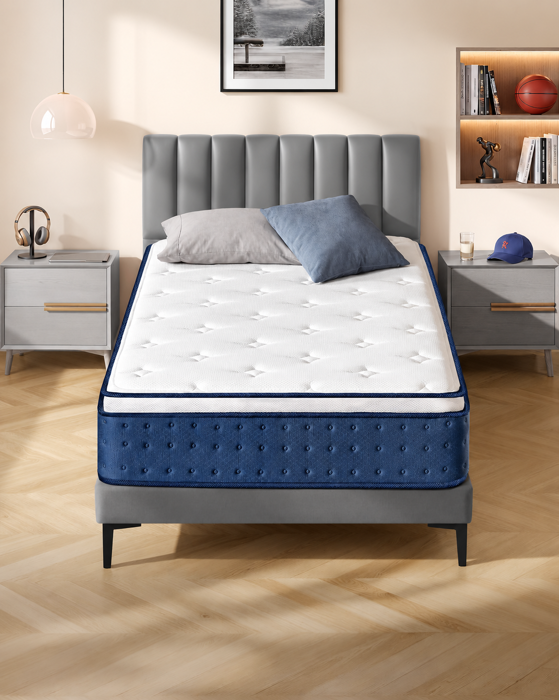 VASAGLE Saltea 90x200 cm cu arcuri individuale pentru reducerea transferului de miscare, spuma cu memorie si gel, 7 zone ergonomice si margini ranforsate, alb
