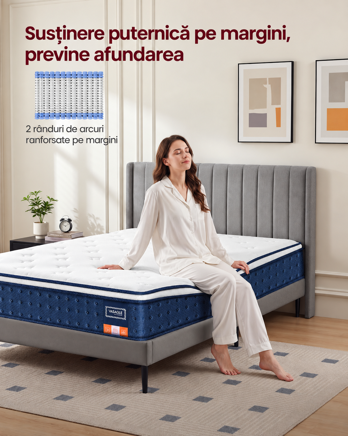 VASAGLE Saltea 140x200 cm cu arcuri individuale Pocket si spuma Memory Gel, sustinere 7 zone, mediu-ferma H3, alb - imagine 3