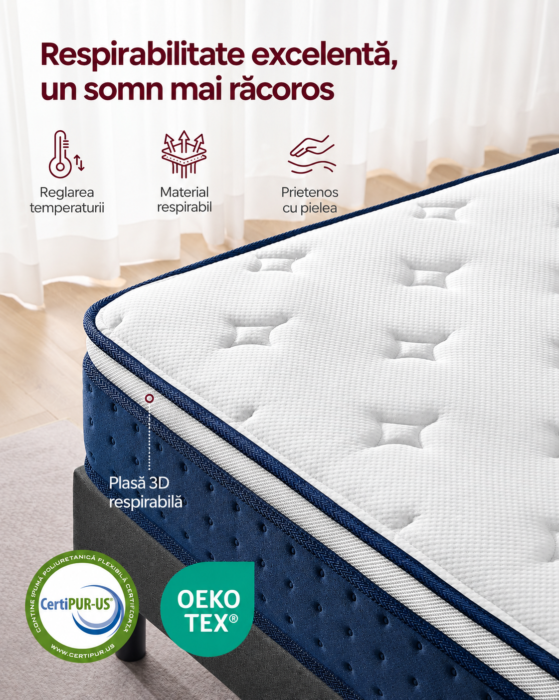 VASAGLE Saltea 140x200 cm cu arcuri individuale Pocket si spuma Memory Gel, sustinere 7 zone, mediu-ferma H3, alb - imagine 5