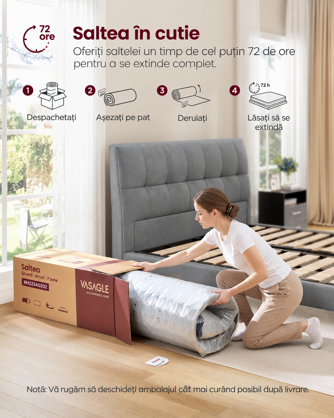 VASAGLE Saltea 140x200 cm cu arcuri individuale Pocket si spuma Memory Gel, sustinere 7 zone, mediu-ferma H3, alb - imagine 7
