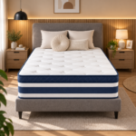 VASAGLE Saltea 90x200x25 cm cu sustinere H3 mediu-ferma, arcuri individuale, spuma Memory Gel, husa respirabila si margini intarite, albastru si alb