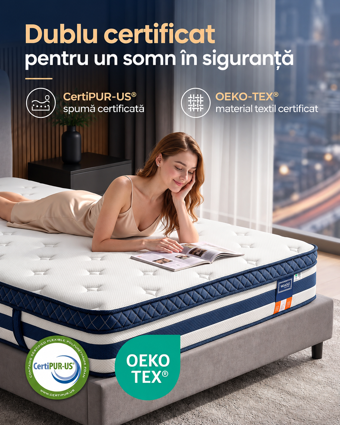 VASAGLE Saltea 140x200x25 cm cu sustinere H3 mediu-ferma, arcuri individuale, spuma Memory Gel, husa respirabila si margini intarite, albastru si alb - imagine 2
