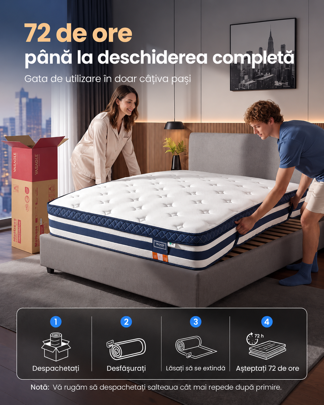 VASAGLE Saltea 140x200x25 cm cu sustinere H3 mediu-ferma, arcuri individuale, spuma Memory Gel, husa respirabila si margini intarite, albastru si alb - imagine 6