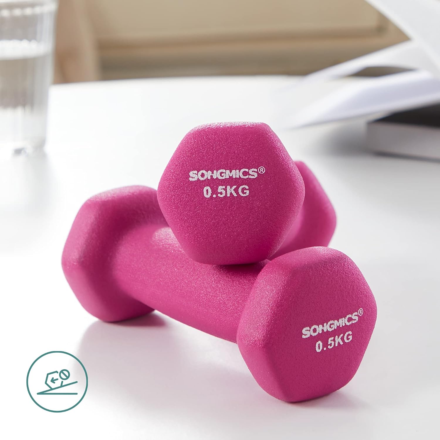 SONGMICS Set 2 gantere fitness de 0,5 kg fiecare, greutate totala 1 kg, pentru exercitii si antrenamente acasa sau la sala, miez din fonta cu invelis neopren antiderapant, manere ergonomice, roz - imagine 5