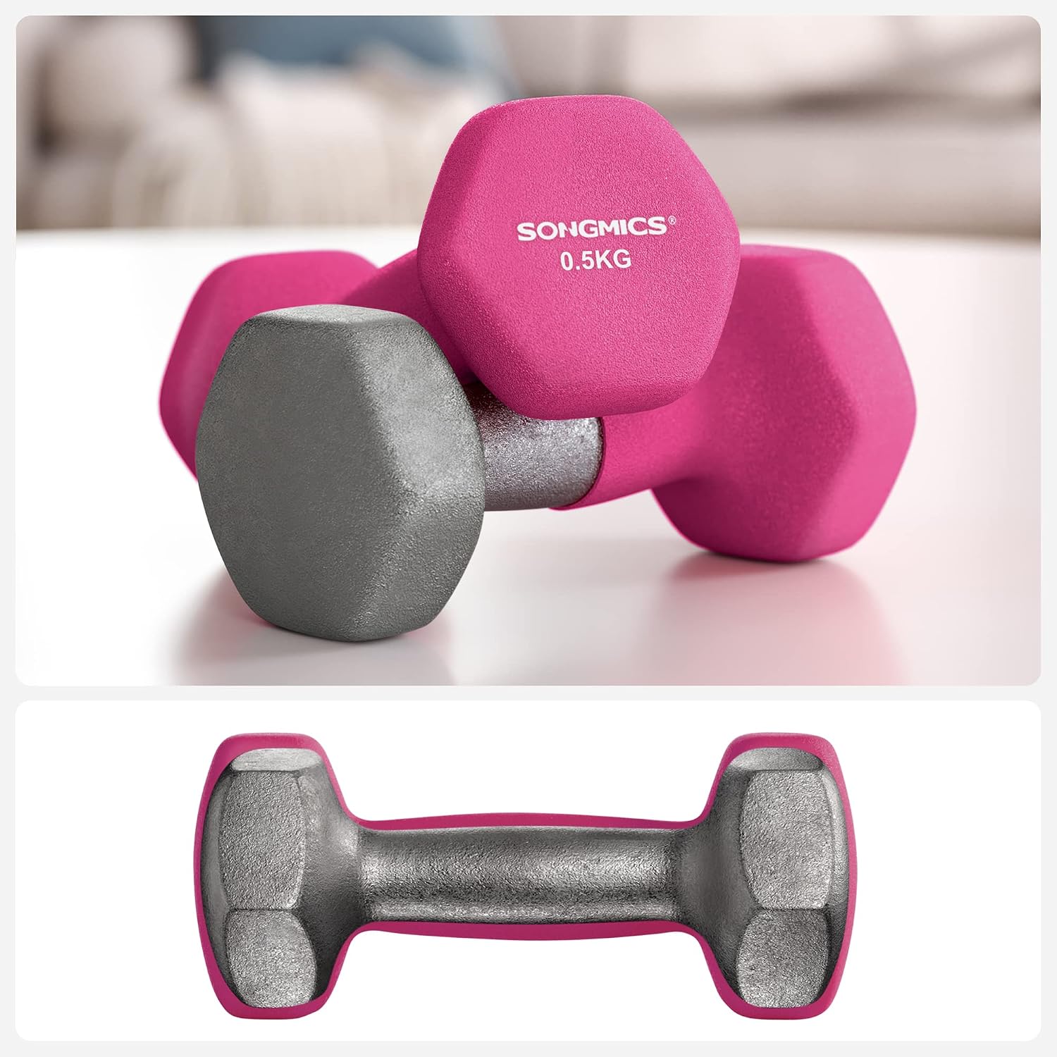 SONGMICS Set 2 gantere fitness de 0,5 kg fiecare, greutate totala 1 kg, pentru exercitii si antrenamente acasa sau la sala, miez din fonta cu invelis neopren antiderapant, manere ergonomice, roz - imagine 6